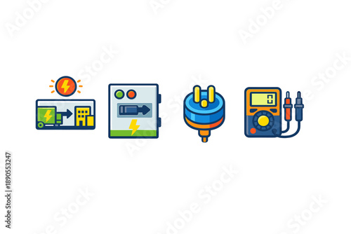 Electric equipment and tools with symbols for energy management and measurement in a variety of colors displayed on a simple background