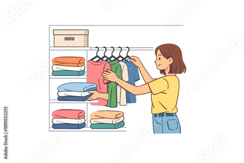 Organizing clothes in a closet while sorting through different colors and sizes of shirts and towels at home in the afternoon