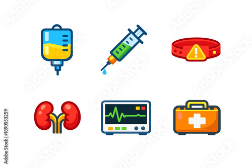Medical symbols show various aspects of healthcare such as treatment tools, patient monitoring, and emergency supplies