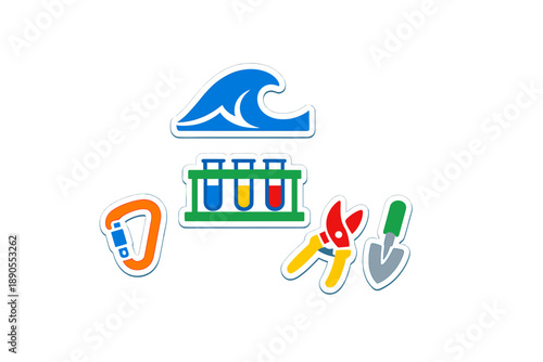Various icons showing a wave, test tubes, a carabiner, garden shears, and a trowel arranged together on a simple background