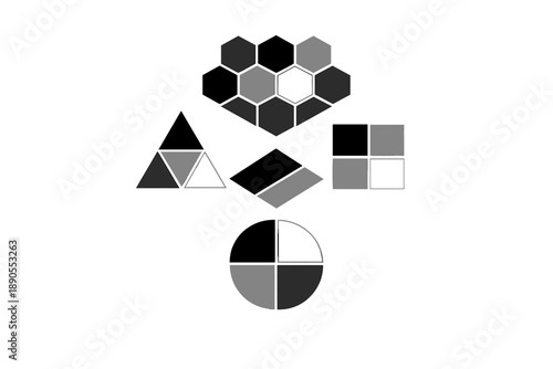 Shapes and patterns form a unique design in black and white on a plain background and create interesting visual elements with geometric figures and structures