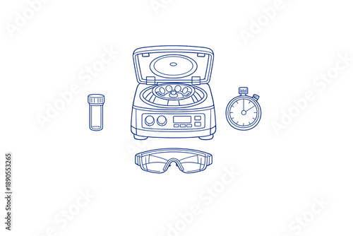 Equipment used in a laboratory for conducting experiments involving samples, timing, and protective gear on a white background