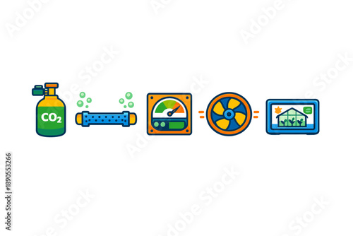 Carbon dioxide, filtration, gauge, fan, and greenhouse system for environmental management and plant growth connection explained in a simple visual format