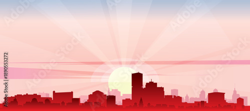 Red panoramic poster of the city skyline with misty background buildings, sunrise, moon and clouds of MONTREAL, CANADA