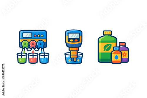 Machines mixing colorful liquids and preparing solutions in a laboratory setting during a science demonstration