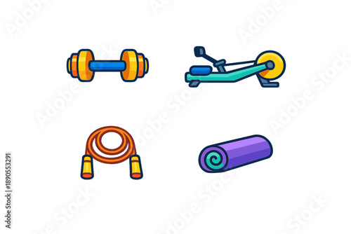 Weightlifting, rowing, jumping rope, and yoga mat shown together as gym equipment for fitness activities in a home or gym setting