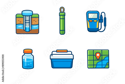 Icons of tools and equipment for outdoor activities related to water, navigation, and safety in a digital art style on a white background