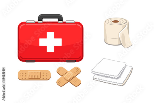 First aid kit displayed with medical supplies including bandages, gauze, and tape for treating minor injuries at home or outdoor activities