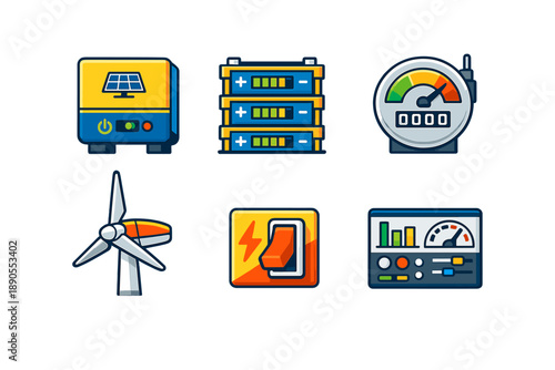 Icons representing renewable energy technology showcased in a simple design for education and information in the field of clean power