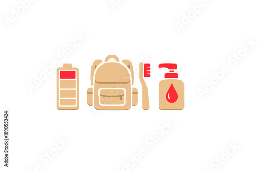 Items for a trip include a backpack, battery, toothbrush, and soap displayed together on a plain background