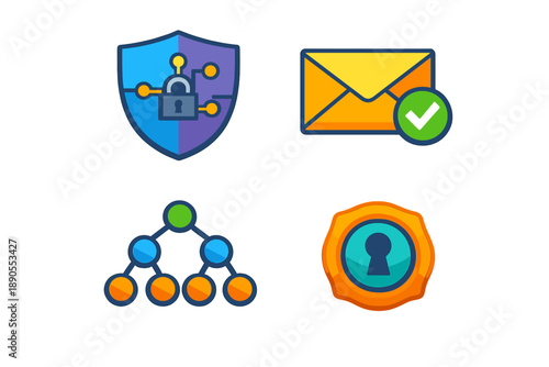 Icons show security and communication concepts with shield, envelope, network, and key lock designs used in technology and online services