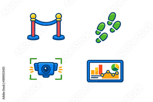 Different elements representing crowd management, tracking steps, monitoring activities, and data analysis in a public space