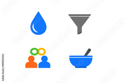 Different symbols representing concepts like water, filtering, communication, and food preparation are shown in a simple layout with a white background