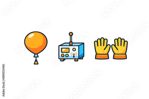 Objects related to a balloon launch including a balloon, a radio transmitter, and gloves at a field during daytime