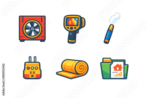 Tools used for home inspections and repairs including a fan, thermal camera, smoke detector, extension cord, insulation roll, and folder with documents
