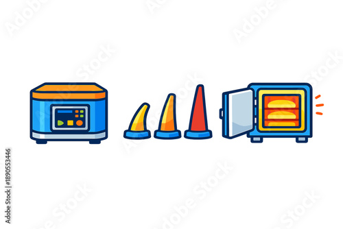 Different kitchen appliances are lined up on a flat surface with a food warmer opened and showing food inside, while two types of cones are arranged near them