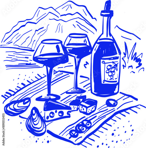 Wine and Cheese Picnic by the Sea Sketch Illustration. Mediterranean Summer Line Art