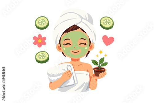 Enjoying a spa day at home with a face mask and plants while relaxing with cucumbers and flowers