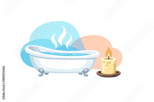 Relaxation scene with a bathtub, water, steam, and a lit candle in a simple home setting