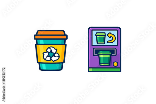 Reusable coffee cup and drink vending machine sit side by side on a plain background, showing options for eco-friendly choices during busy times
