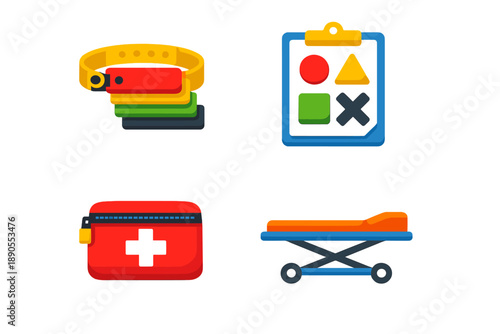 First aid items and health tools including wristbands, a clipboard, a first aid kit, and a stretcher in a simple layout