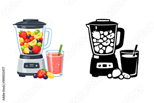 Blenders making smoothies with fruits and vegetables in a kitchen setting during daytime