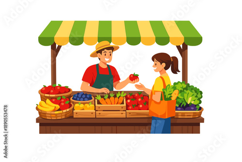Farmer sells fresh vegetables and fruits at market while customer selects ripe tomatoes on a sunny day