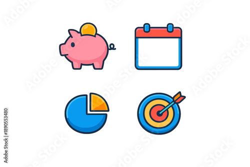 Items showing financial planning tools such as a piggy bank, calendar, pie chart, and target with arrows for setting goals and managing money during a budget planning session