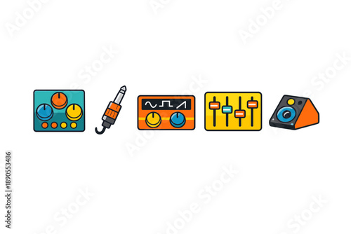 Different types of audio equipment and controls laid out in a row showing various tools for sound production and mixing