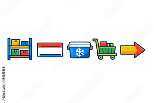 Items are organized on shelves with a credit card, a cooler, shopping cart, and an arrow showing movement towards checkout