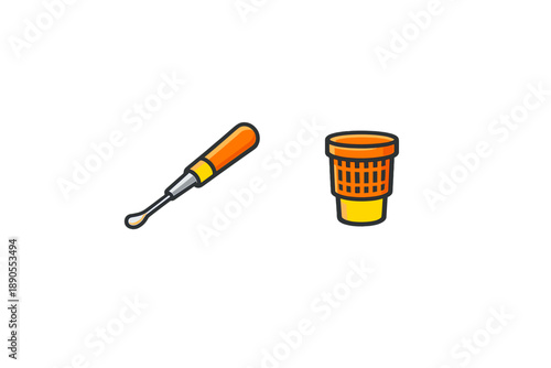 Tools for creating art are placed side by side, showing a carving tool and a waste container, on a plain background, used in art and craft activities