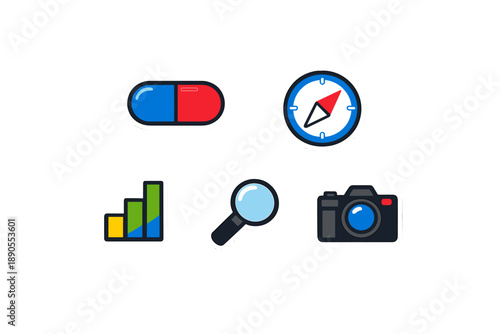 Collection of icons representing health, navigation, data analysis, and photography in a simple design for use in presentations and educational materials