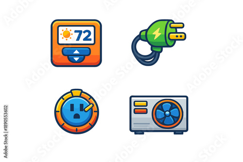 Heating and cooling tools and symbols on a white background represent temperature control and energy usage in a home environment