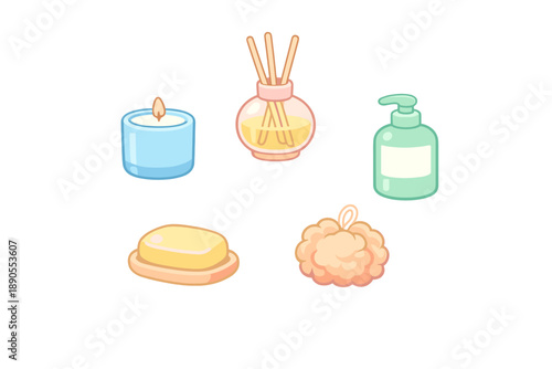 Collection of bath and relaxation items including a candle, diffuser, soap, and loofah arranged on a light background