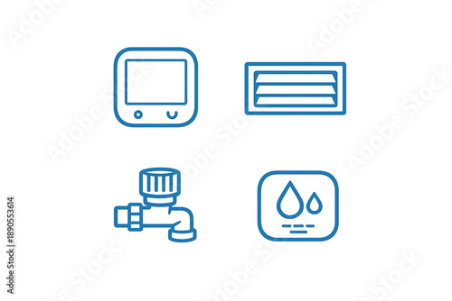 Icons represent different home appliances and systems for air, water, and temperature control in a home setting used for everyday tasks