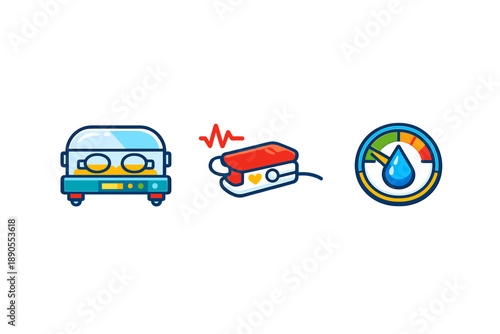 Icons representing health monitoring in vehicles showing a car, a heart rate monitor, and a water gauge for better driver awareness and safety
