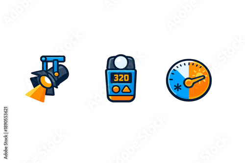 Different tools for measuring light and energy with a spotlight, light meter, and energy gauge shown in a simple and clear layout
