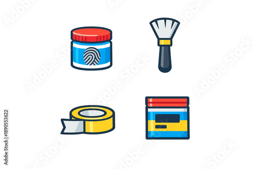 Different tools used in forensic science displayed together on a white background with clear labeling for identification of evidence