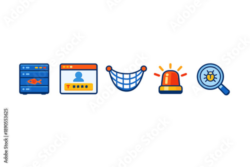 Icons showing various online activities related to digital security, user interaction, and alerts in technology and network systems