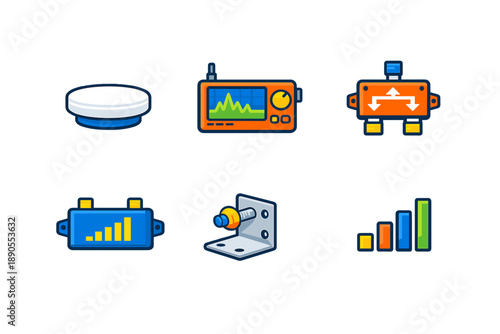 Different tools and devices for measuring signals and data in an electronic setup shown in a simple layout for easy understanding and use by technicians in a lab