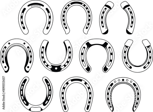 Horseshoe icon set illustration featuring multiple styles and patterns, black and white outline vector symbols, lucky western design ideal for ranch, sport, and branding
