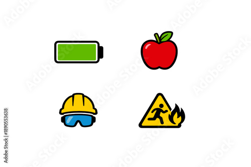Icons representing battery level, fruit, protective gear, and safety warning on plain background