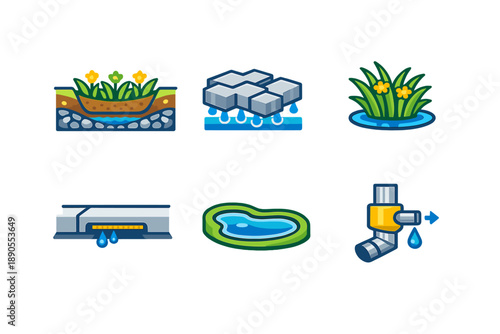 Various designs of water management systems for gardens and landscapes shown in small illustrations