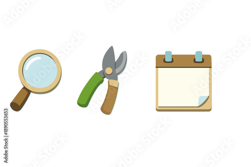 Tools for garden care include a magnifying glass, pruning shears, and a calendar to track tasks and schedules during the gardening season