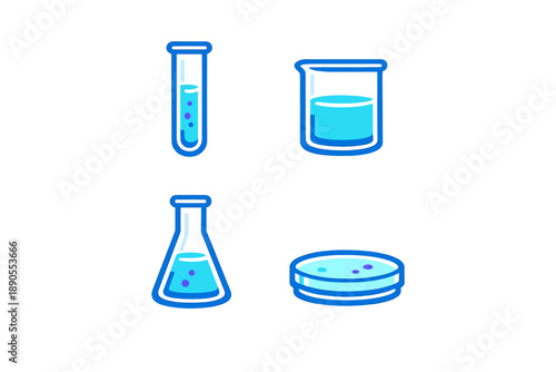 Chemical lab tools are arranged in groups showing test tubes, beakers, flasks, and petri dishes used for experiments and research