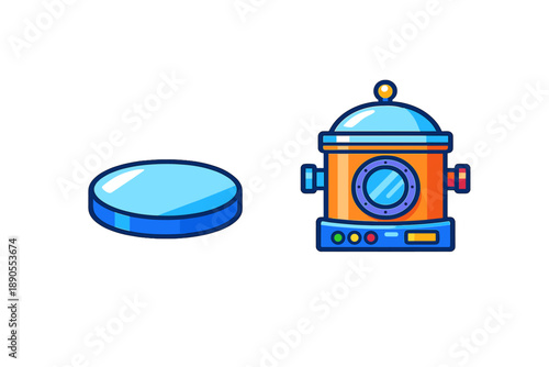 Underwater equipment setup includes a blue disc and a diving apparatus during deep-sea exploration