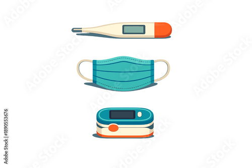 Medical tools for monitoring health during illness or pandemic situations including thermometer, mask, and pulse oximeter