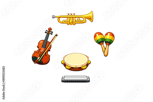 Different musical instruments including a trumpet, violin, tambourine, maracas, and harmonica are displayed together on a simple background