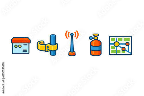 Different types of equipment including a package, a band, an antenna, a gas canister, and a map are shown with simple designs