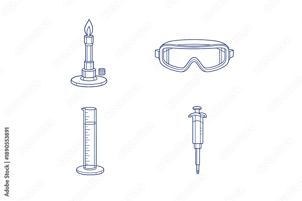 Fototapeta premium Laboratory tools are arranged for experiments in a science classroom setting, with a Bunsen burner, goggles, measuring cylinder, and syringe visible